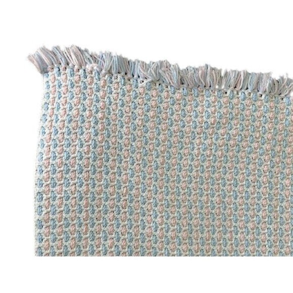 Handmade Pink Blue and White Crocheted Baby Blanket with Fringe 38 x 34 Inches - Picture 3 of 6